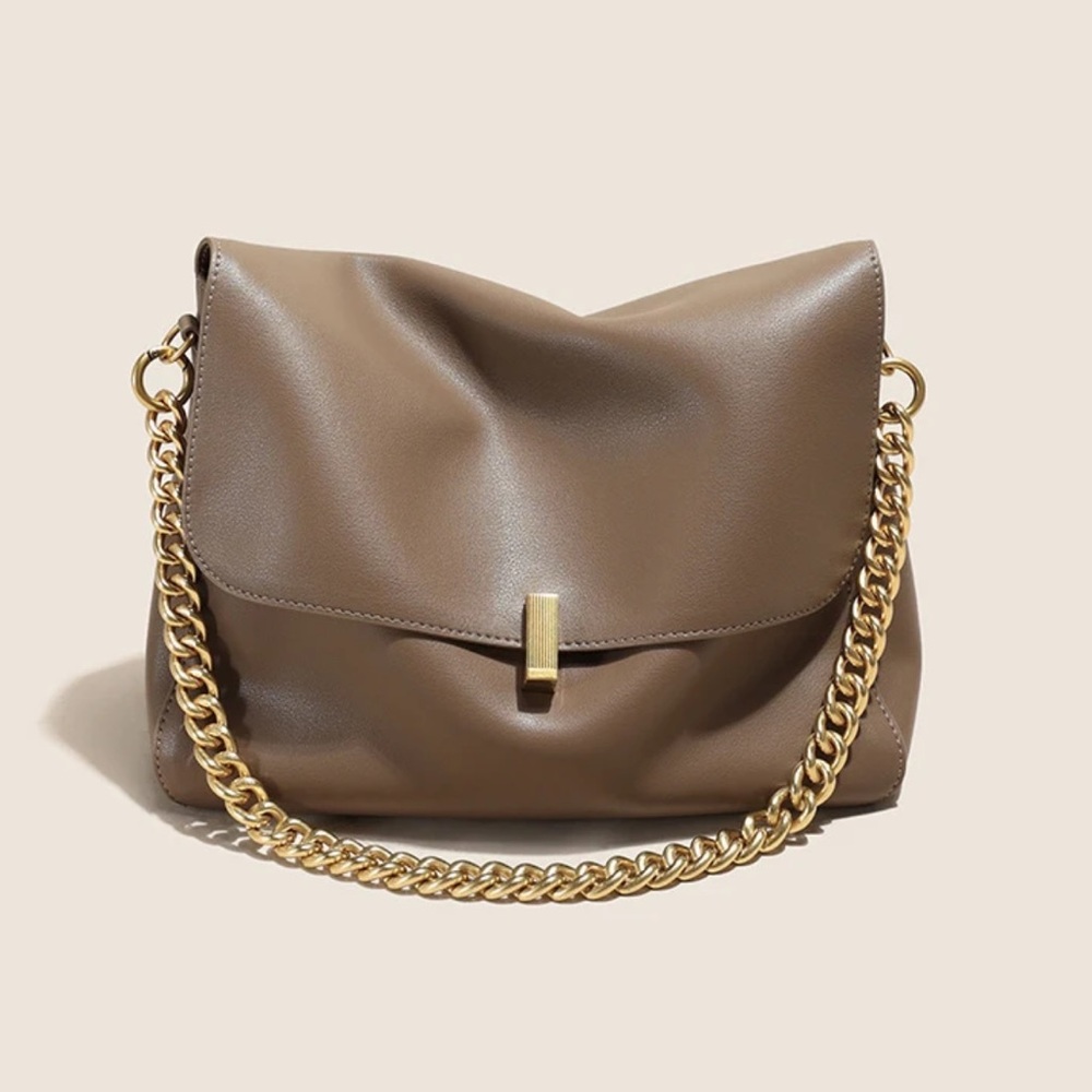 NEW Leather Bag with Chain in Beige/Gold Taupe